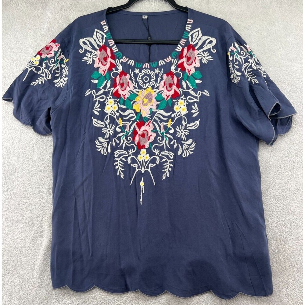 Mexican Embroidered Blouse Womens L Summer Short Sleeve Boho Shirt Peasant